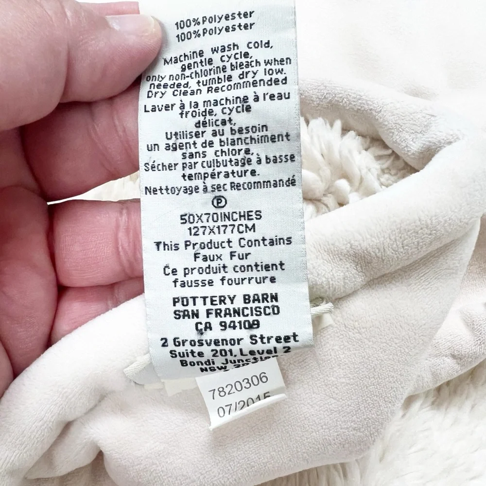 Pottery Barn Home Luxurious Cream Cozy Faux Fur Sherpa Throw Blanket 50 X 70